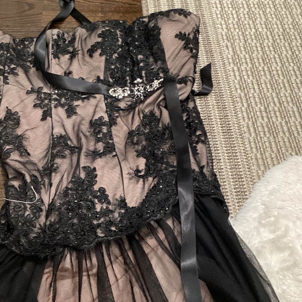 Black Lace Overlay Evening Dress with Nude Lining